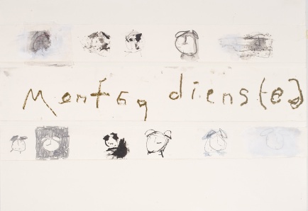 Montag Dienstag (Monday Tuesday), 2008, mixed media on paper on canvas, 17 1/2 x 39 inches